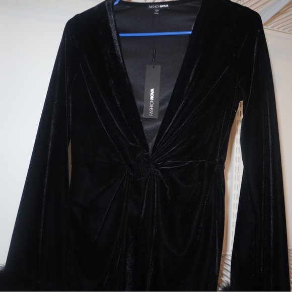 Fashion Nova Black Velvet Dress with Feather Cuffs - Picture 3 of 4